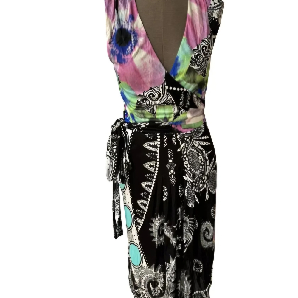 Class Roberto Cavalli Pink and Green Midi Dress with Tie Front